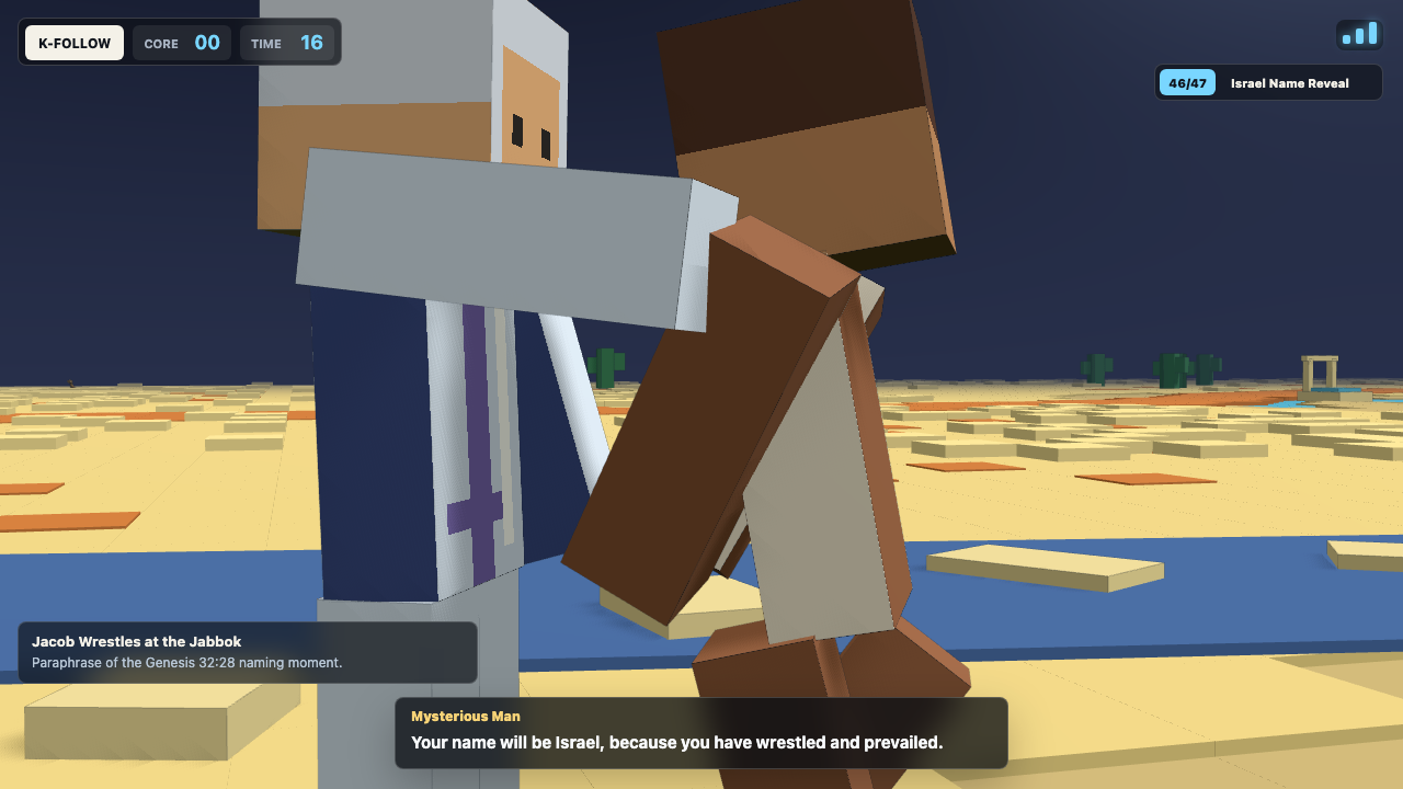 Minecraft풍 야곱의 얍복강 씨름 장면에서 이름을 받는 순간